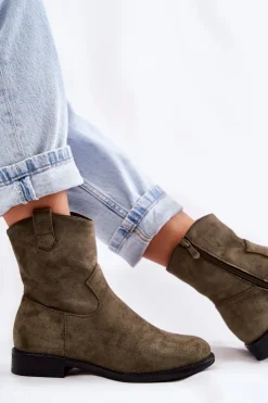 Damskie Zamszowe Botki Na Płaskim Obcasie Zielone Fiorenz