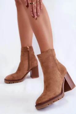 Damskie Zamszowe Botki Na Słupku Z Suwakiem Camel Odette