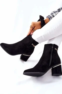 Damskie Zamszowe Botki Na Słupku Czarne One Step