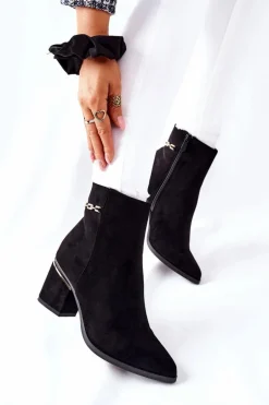 Damskie Zamszowe Botki Na Słupku Czarne One Step