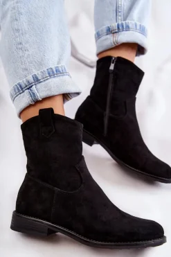 Damskie Zamszowe Botki Na Płaskim Obcasie Czarne Fiorenz