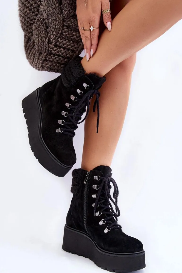 Damskie Zamszowe Botki Na Koturnie Czarne Lemar Meniko