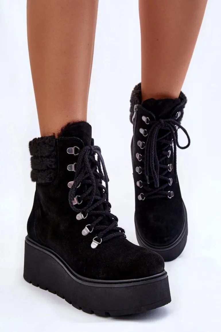 Damskie Zamszowe Botki Na Koturnie Czarne Lemar Meniko