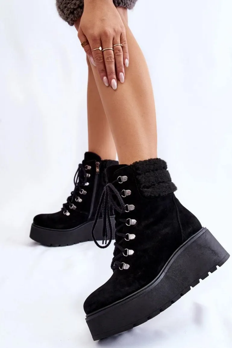 Damskie Zamszowe Botki Na Koturnie Czarne Lemar Meniko