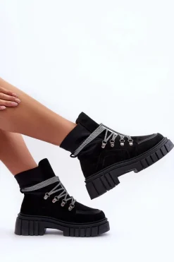 Damskie Zamszowe Botki Sznurowane Czarne Acorn