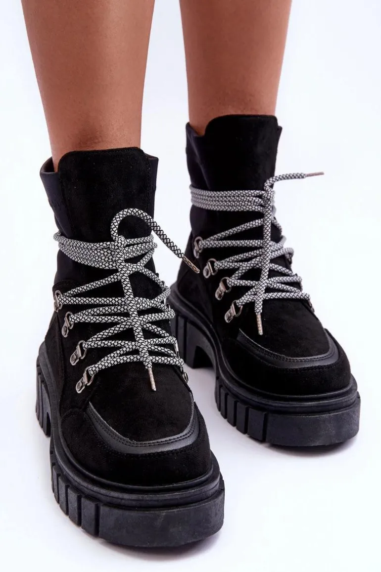 Damskie Zamszowe Botki Sznurowane Czarne Acorn