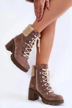 Damskie Zamszowe Botki Sznurowane Na Obcasie Brązowe Lemar Fenya
