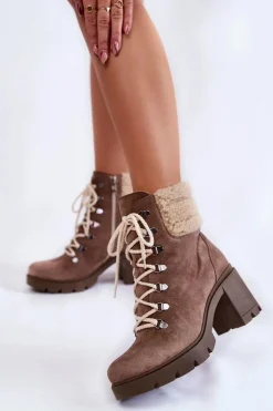 Damskie Zamszowe Botki Sznurowane Na Obcasie Brązowe Lemar Fenya