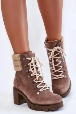 Damskie Zamszowe Botki Sznurowane Na Obcasie Brązowe Lemar Fenya