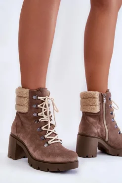 Damskie Zamszowe Botki Sznurowane Na Obcasie Brązowe Lemar Fenya
