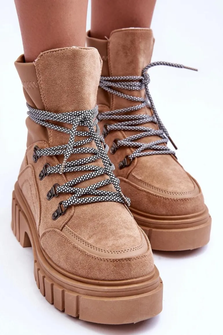 Damskie Zamszowe Botki Sznurowane Ciemnobeżowe Acorn