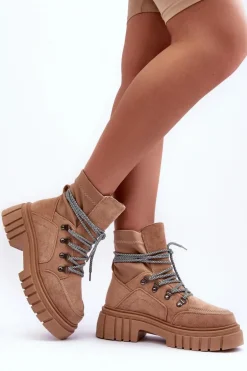 Damskie Zamszowe Botki Sznurowane Ciemnobeżowe Acorn