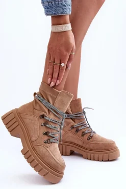 Damskie Zamszowe Botki Sznurowane Ciemnobeżowe Acorn
