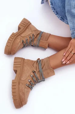 Damskie Zamszowe Botki Sznurowane Ciemnobeżowe Acorn