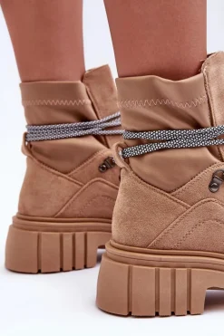 Damskie Zamszowe Botki Sznurowane Ciemnobeżowe Acorn