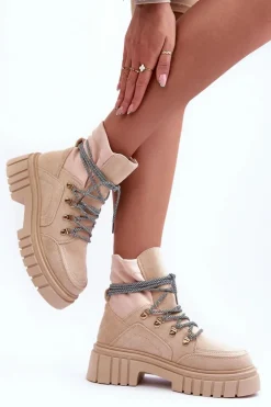 Damskie Zamszowe Botki Sznurowane Beżowe Acorn