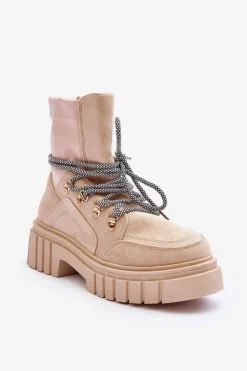 Damskie Zamszowe Botki Sznurowane Beżowe Acorn