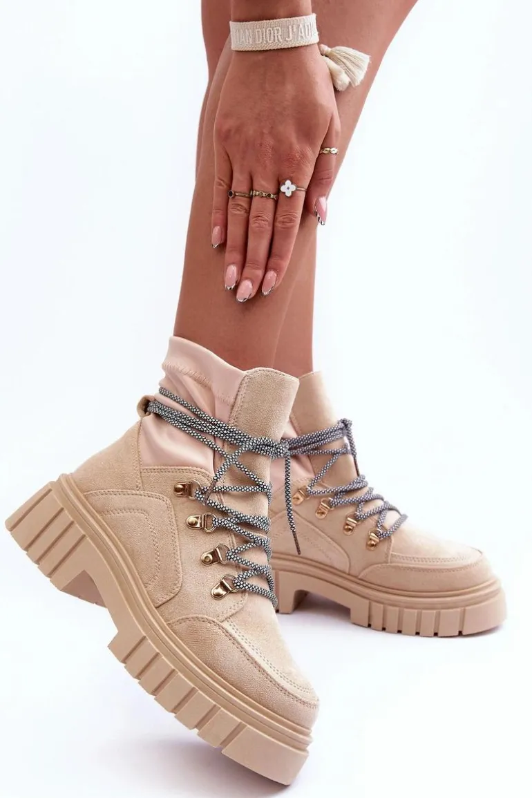 Damskie Zamszowe Botki Sznurowane Beżowe Acorn