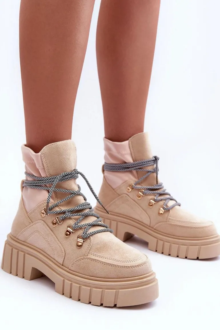 Damskie Zamszowe Botki Sznurowane Beżowe Acorn