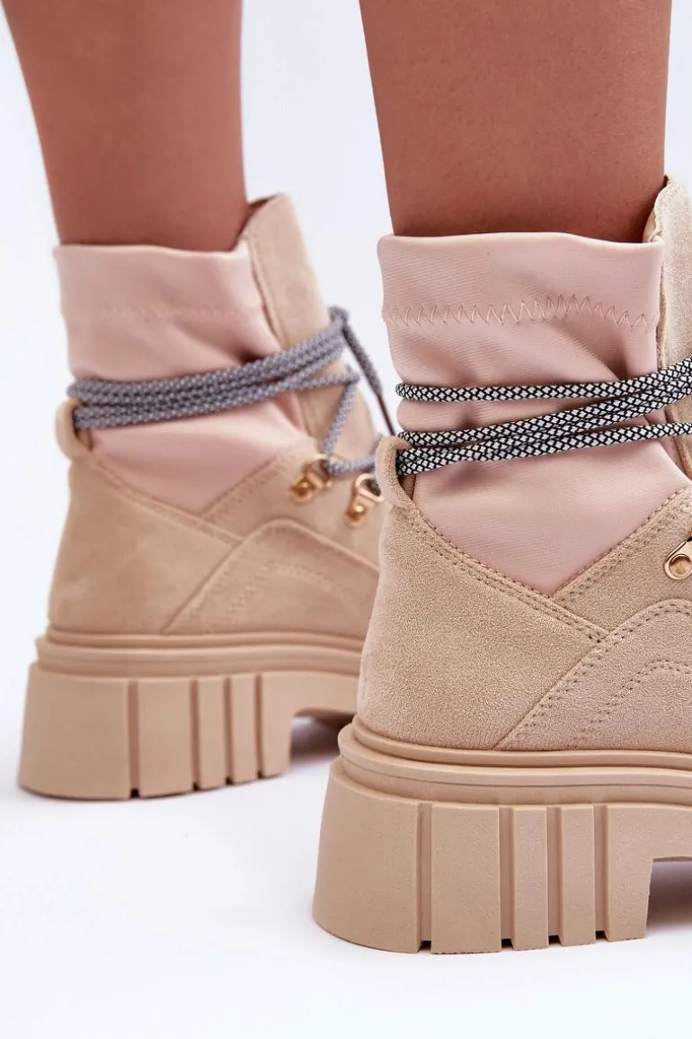 Damskie Zamszowe Botki Sznurowane Beżowe Acorn