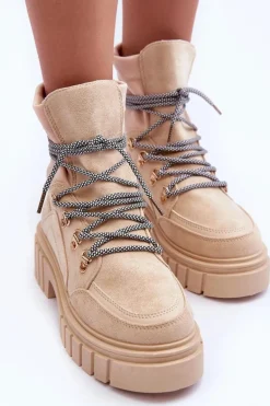 Damskie Zamszowe Botki Sznurowane Beżowe Acorn