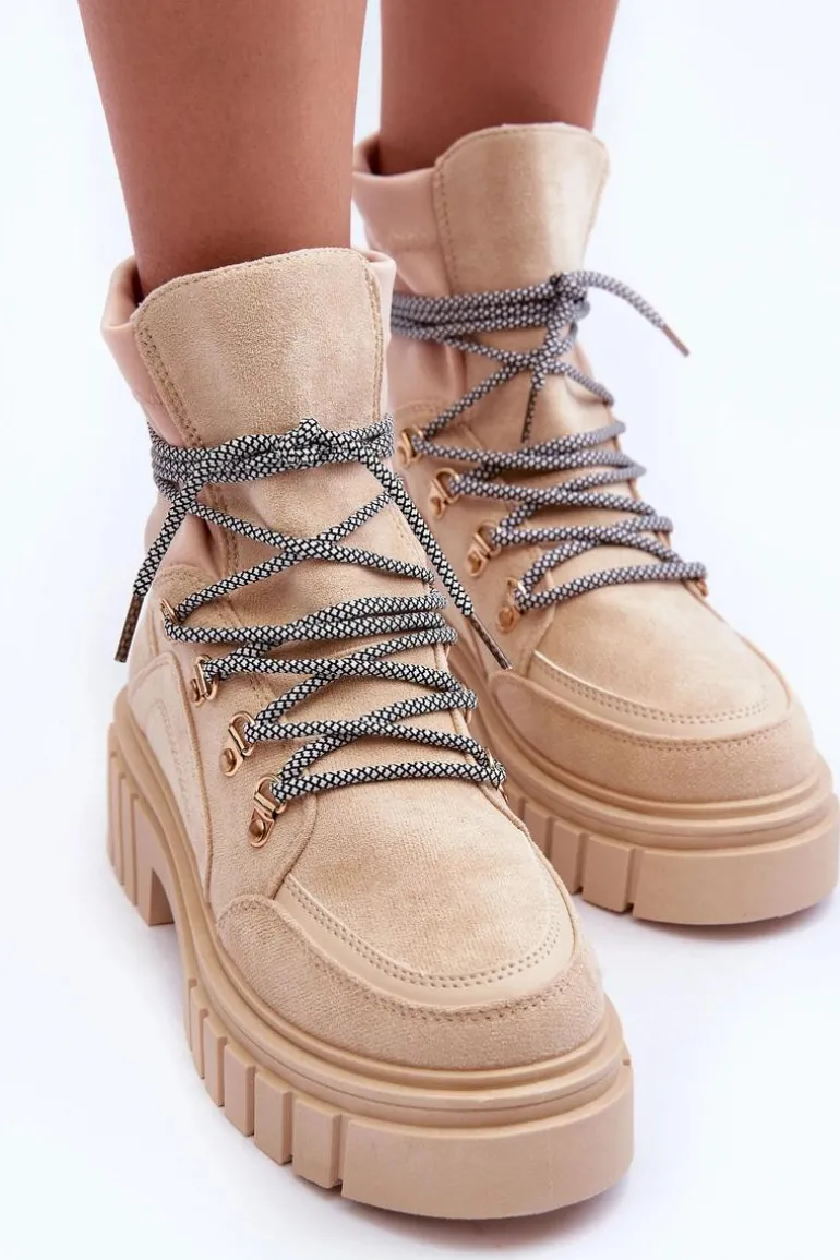 Damskie Zamszowe Botki Sznurowane Beżowe Acorn