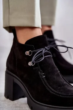 Damskie Zamszowe Botki Wiązane Czarne Lemar Marianne