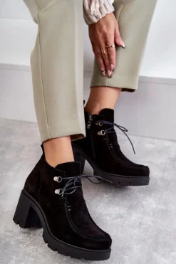 Damskie Zamszowe Botki Wiązane Czarne Lemar Marianne