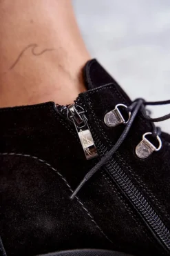 Damskie Zamszowe Botki Wiązane Czarne Lemar Marianne