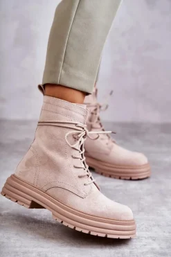 Damskie Zamszowe Botki Wiązane Beżowe Afra