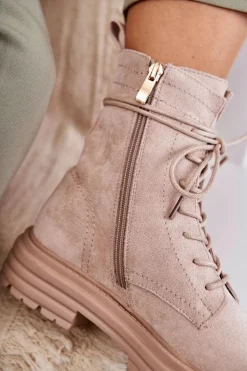 Damskie Zamszowe Botki Wiązane Beżowe Afra