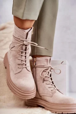 Damskie Zamszowe Botki Wiązane Beżowe Afra