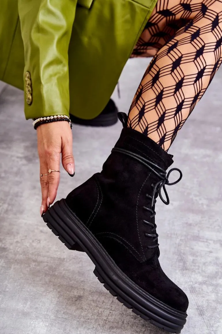 Damskie Zamszowe Botki Wiązane Czarne Afra