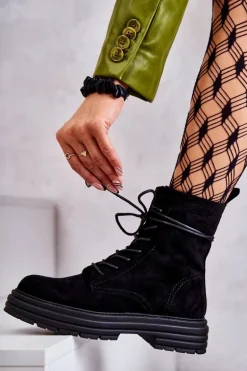 Damskie Zamszowe Botki Wiązane Czarne Afra