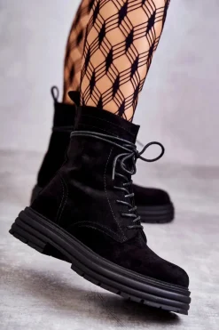 Damskie Zamszowe Botki Wiązane Czarne Afra