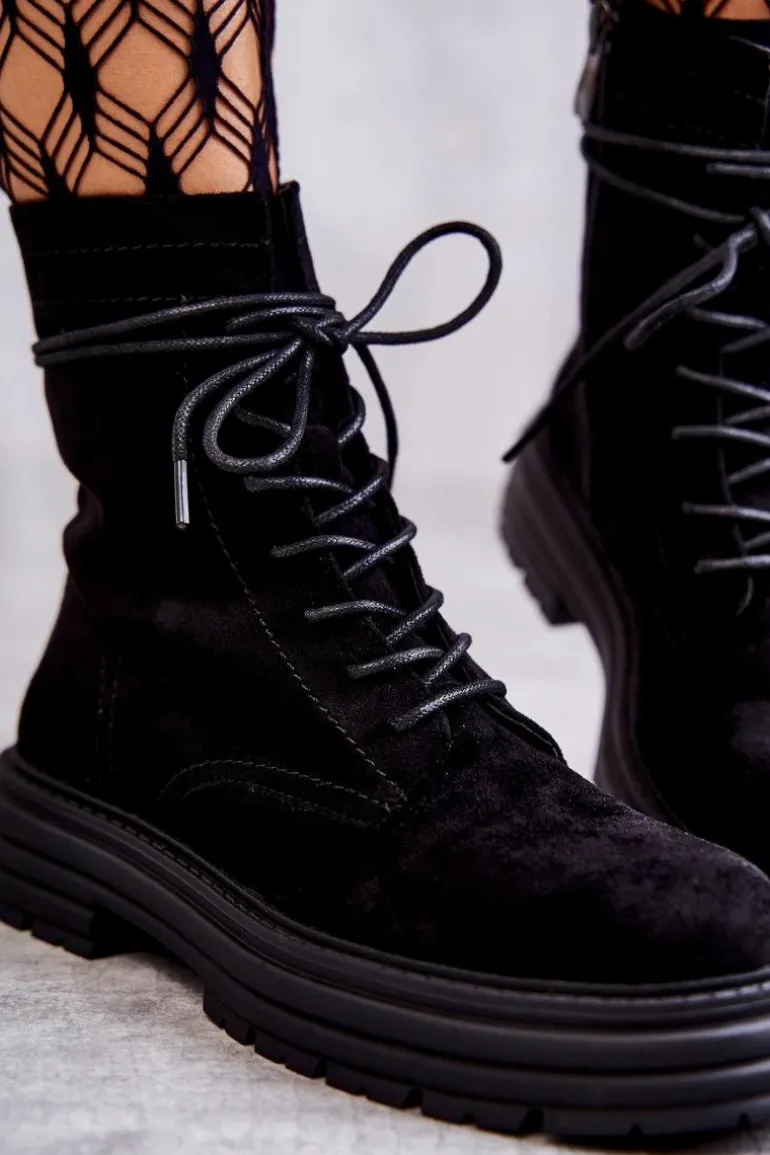 Damskie Zamszowe Botki Wiązane Czarne Afra