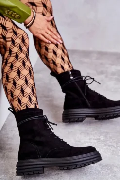 Damskie Zamszowe Botki Wiązane Czarne Afra