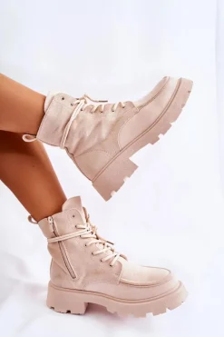 Damskie Zamszowe Botki Wiązane Beżowe Vanita