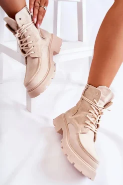 Damskie Zamszowe Botki Wiązane Beżowe Vanita