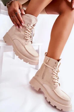 Damskie Zamszowe Botki Wiązane Beżowe Vanita