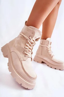 Damskie Zamszowe Botki Wiązane Beżowe Vanita