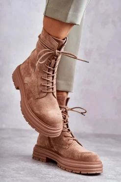 Damskie Zamszowe Botki Wiązane Camel Afra