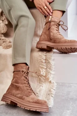 Damskie Zamszowe Botki Wiązane Camel Afra