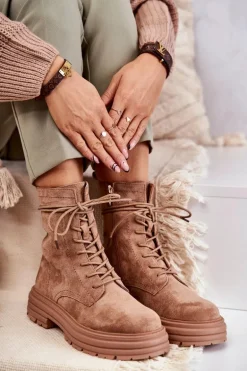 Damskie Zamszowe Botki Wiązane Camel Afra