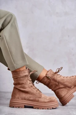 Damskie Zamszowe Botki Wiązane Camel Afra