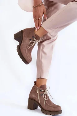 Damskie Zamszowe Botki Wiązane Jasnobrązowe Lemar Marianne