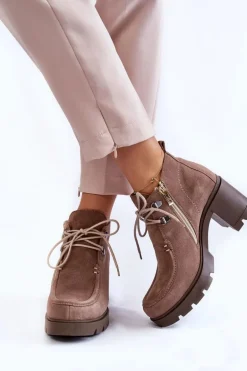 Damskie Zamszowe Botki Wiązane Jasnobrązowe Lemar Marianne