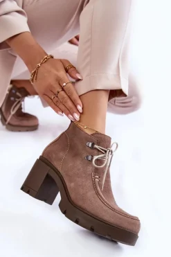 Damskie Zamszowe Botki Wiązane Jasnobrązowe Lemar Marianne
