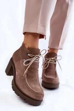 Damskie Zamszowe Botki Wiązane Jasnobrązowe Lemar Marianne