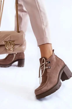 Damskie Zamszowe Botki Wiązane Jasnobrązowe Lemar Marianne